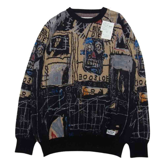 WACKO MARIA ワコマリア 22AW BASQUIAT-WM-KN01 JEAN-MICHEL BASQUIAT CREW NECK SWEATER TYPE1 バスキア クルーネック ジャガード セーター ニット ブラック系 M【新古品】【未使用】【中古】