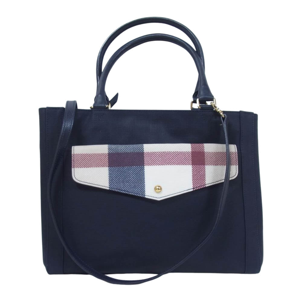 BURBERRY BLUE LABEL バーバリーブルーレーベル チェック フラップ 2WAY レザー ショルダー ハンド バッグ ダークネイビー系【中古】