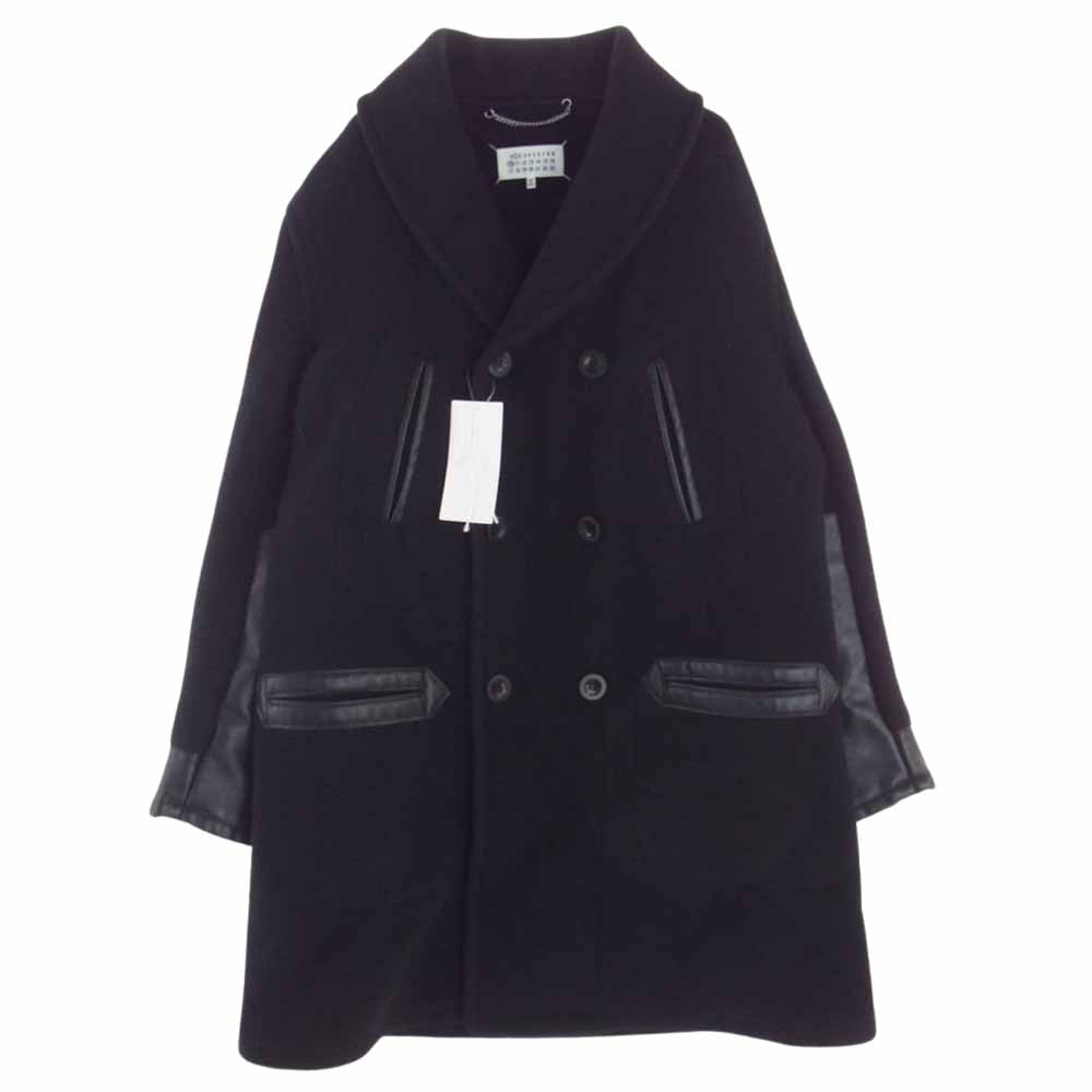 MAISON MARGIELA メゾンマルジェラ ①⑩ライン 22AW S50AM0564 レザー切替 ショールカラー ダブル コート ブラック系 48【美品】【中古】