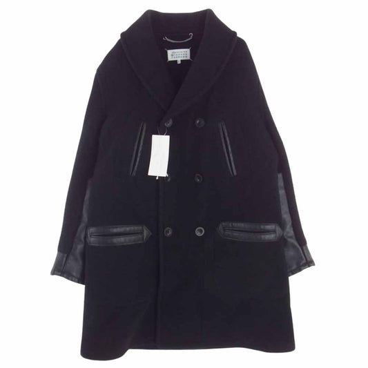 MAISON MARGIELA メゾンマルジェラ ①⑩ライン 22AW S50AM0564 レザー切替 ショールカラー ダブル コート ブラック系 48【美品】【中古】