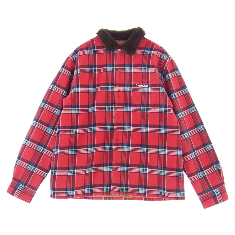 Supreme シュプリーム 21AW Faux Fur Collar Flannel Shirt フェイクファー フランネル チェック シャツ レッド系 M【中古】