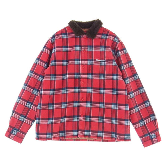 Supreme シュプリーム 21AW Faux Fur Collar Flannel Shirt フェイクファー フランネル チェック シャツ レッド系 M【中古】