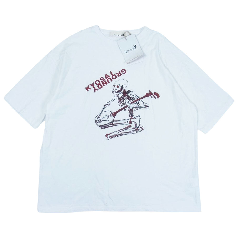 Yohji Yamamoto ヨウジヤマモト GroudY GN-T48-072 河鍋暁斎 三味線を弾く骸骨下絵 プリント Tシャツ 半袖 ホワイト系 4【中古】