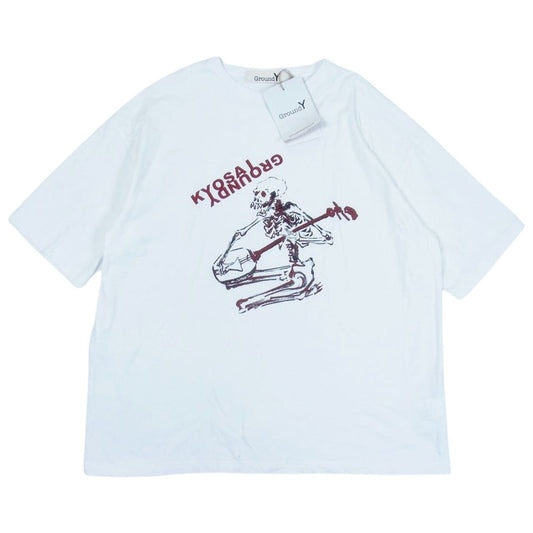 Yohji Yamamoto ヨウジヤマモト GroudY GN-T48-072 河鍋暁斎 三味線を弾く骸骨下絵 プリント Tシャツ 半袖 ホワイト系 4【中古】