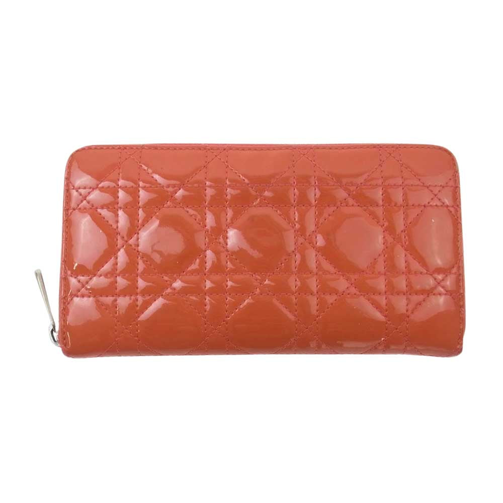 Christian Dior クリスチャンディオール カナージュ チャーム付き ラウンドジップ ウォレット 長財布 オレンジ系【中古】