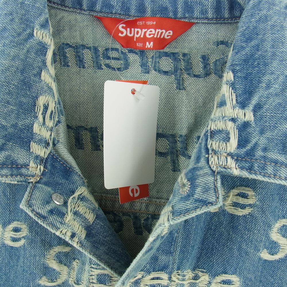 Supreme シュプリーム 21SS Frayed Logos Denim Trucker Jacket フレイド ロゴ デニム トラッカー ジャケット インディゴブルー系 M【美品】【中古】