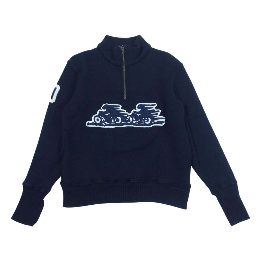 LANGLITZ LEATHERS ラングリッツレザーズ × DEHEN 70TH ANNIVERSARY MC SWEATER ディーエン 70周年記念 モーター サイクル セーター ハーフジップ ニット ネイビー系 L【中古】