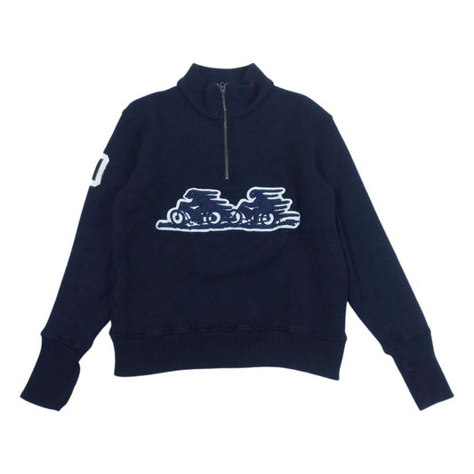 LANGLITZ LEATHERS ラングリッツレザーズ × DEHEN 70TH ANNIVERSARY MC SWEATER ディーエン 70周年記念 モーター サイクル セーター ハーフジップ ニット ネイビー系 L【中古】
