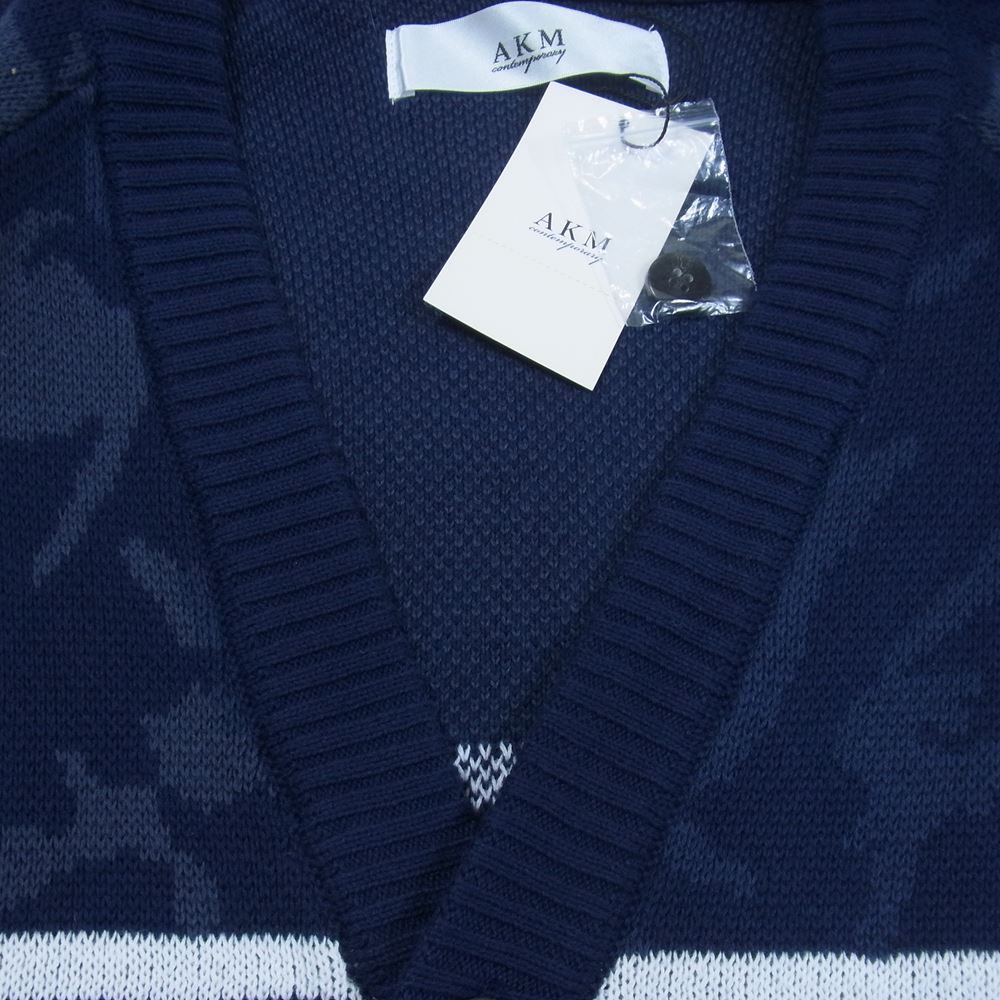 AKM エイケイエム ASK-711 CAMO CARDIGAN カモ ボーダー 迷彩 ニット カーディガン ネイビー系 L【極上美品】【中古】