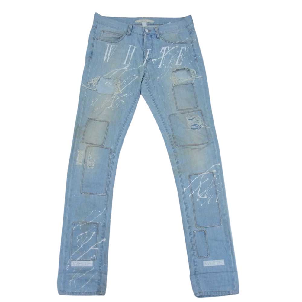 OFF-WHITE オフホワイト イーストランドタグ ダイアゴナル パッチワーク ロゴプリント ペイント ダメージ加工 デニムパンツ インディゴブルー系 30【中古】
