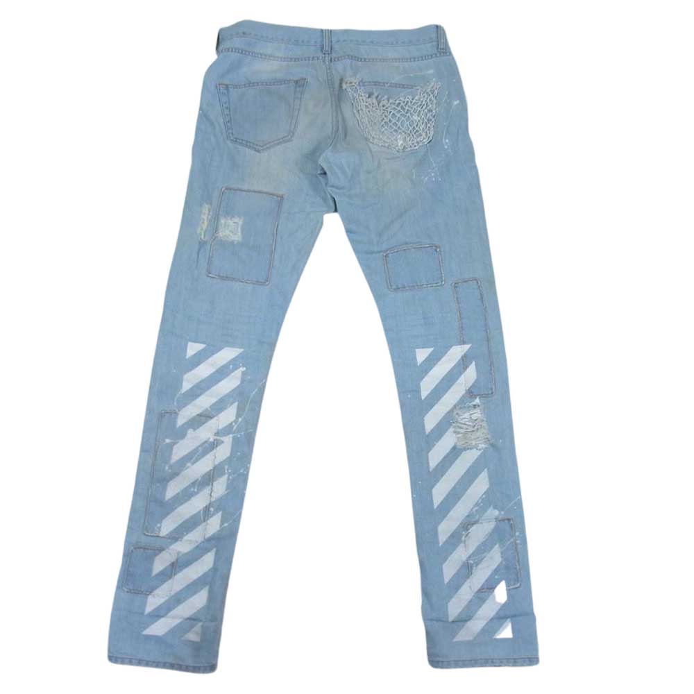 OFF-WHITE オフホワイト イーストランドタグ ダイアゴナル パッチワーク ロゴプリント ペイント ダメージ加工 デニムパンツ インディゴブルー系 30【中古】