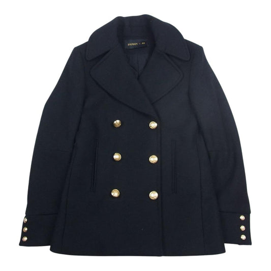 BALMAIN バルマン × H&M エイチアンドエムメルトン 金ボタン Pコート ブラック系 36【中古】