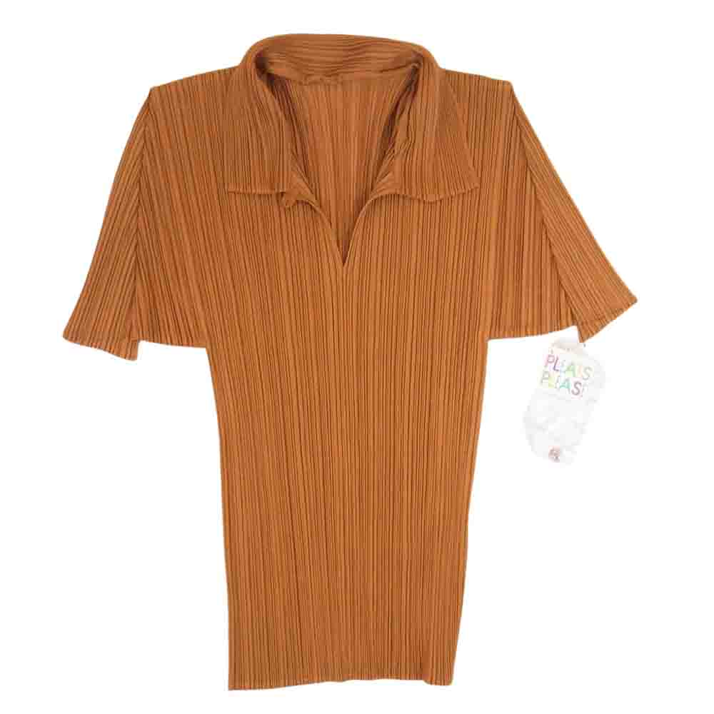 PLEATS PLEASE プリーツプリーズ イッセイミヤケ PP91-JK075 プリーツ加工 Vネック ブラウス 半袖 ブラウン ブラウン系 3【極上美品】【中古】