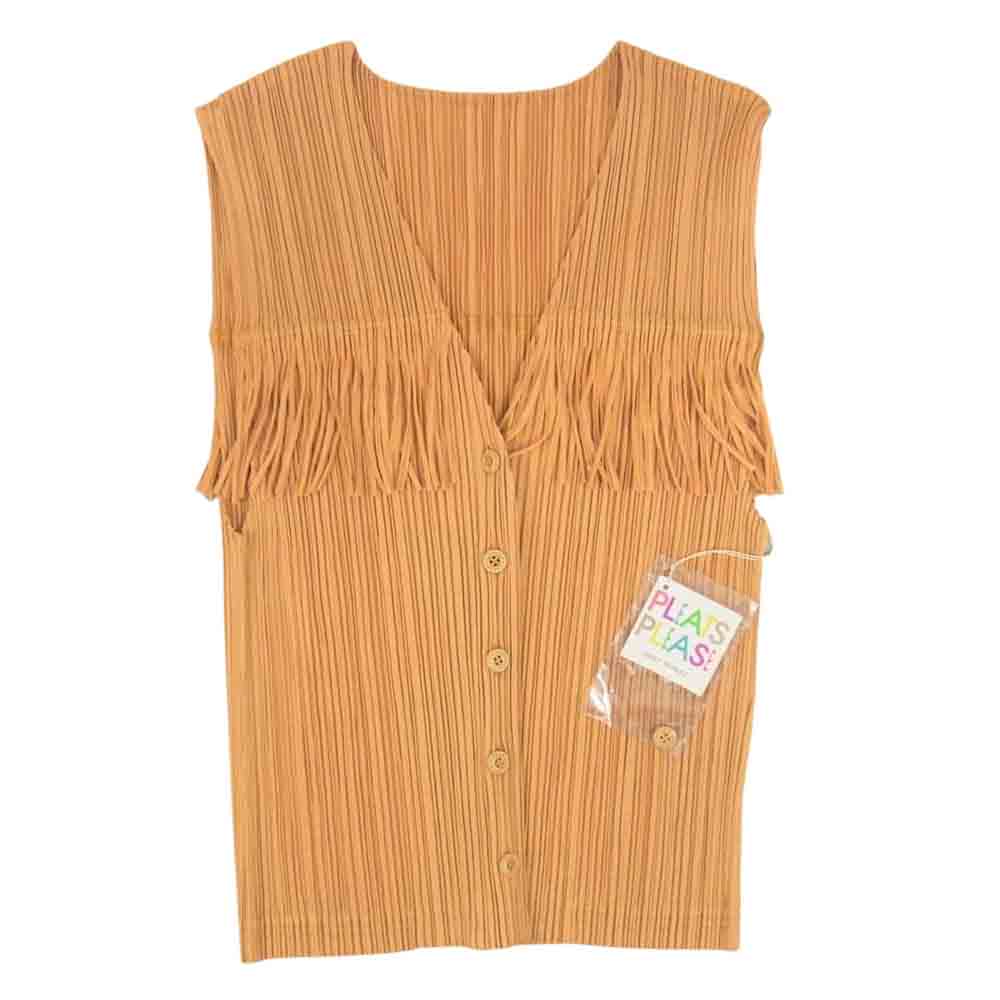 PLEATS PLEASE プリーツプリーズ イッセイミヤケ PP91-JE091 プリーツ加工 フリンジ ベスト フロントボタン カットソー ブラウン系 3【極上美品】【中古】