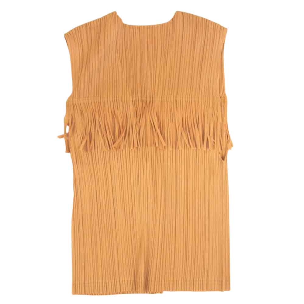 PLEATS PLEASE プリーツプリーズ イッセイミヤケ PP91-JE091 プリーツ加工 フリンジ ベスト フロントボタン カットソー ブラウン系 3【極上美品】【中古】