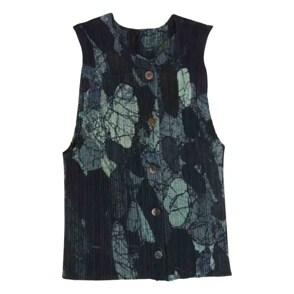 PLEATS PLEASE プリーツプリーズ イッセイミヤケ PP74-JE538 プリーツ加工 大理石調総柄 ベスト フロントボタン ノースリーブ カットソー  ネイビー系 3【中古】