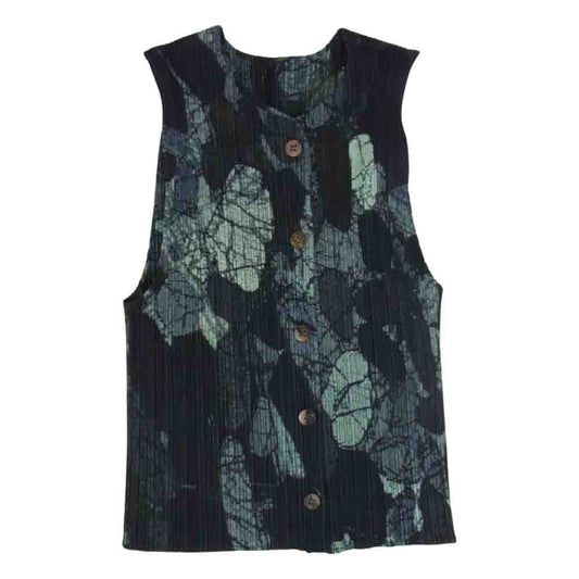 PLEATS PLEASE プリーツプリーズ イッセイミヤケ PP74-JE538 プリーツ加工 大理石調総柄 ベスト フロントボタン ノースリーブ カットソー  ネイビー系 3【中古】