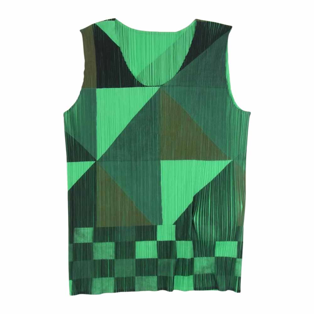 PLEATS PLEASE プリーツプリーズ イッセイミヤケ PP78-JH719 プリーツ加工 幾何学転写プリント 総柄 ノースリーブ カットソー グリーン系 4【中古】