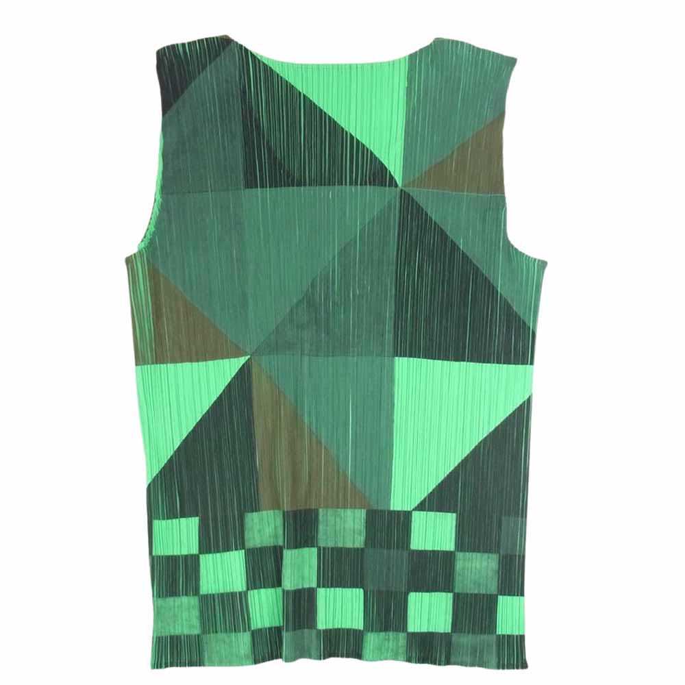 PLEATS PLEASE プリーツプリーズ イッセイミヤケ PP78-JH719 プリーツ加工 幾何学転写プリント 総柄 ノースリーブ カットソー グリーン系 4【中古】