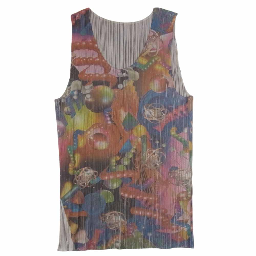 PLEATS PLEASE プリーツプリーズ イッセイミヤケ PP62-JK100 プリーツ加工 転写 プリント 総柄 3D ART Art DNA Graphics 遺伝子 アート グラフィック ノースリーブ カットソー  グレー系 F【中古】