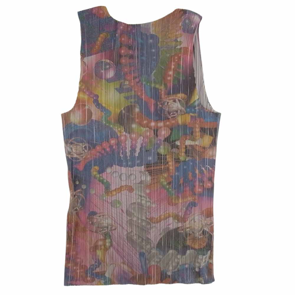 PLEATS PLEASE プリーツプリーズ イッセイミヤケ PP62-JK100 プリーツ加工 転写 プリント 総柄 3D ART Art DNA Graphics 遺伝子 アート グラフィック ノースリーブ カットソー  グレー系 F【中古】