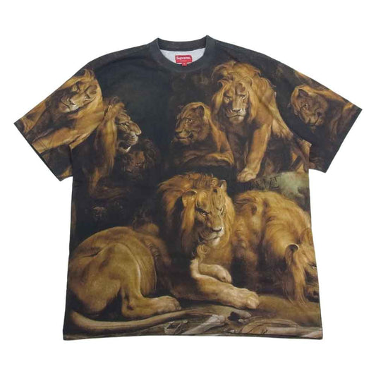 Supreme シュプリーム 22AW Lions' Den S/S Top ライオン 総柄 半袖 Tシャツ  ブラウン系 M【極上美品】【中古】