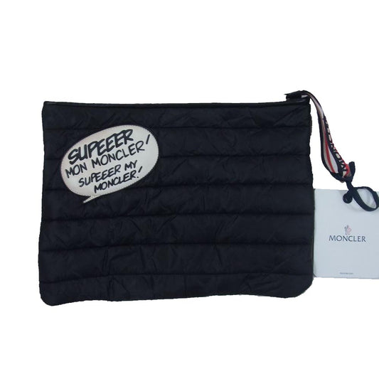 MONCLER モンクレール POCHETTE レザーワッペン付き キルティング セカンド クラッチ バッグ ブラック系【中古】