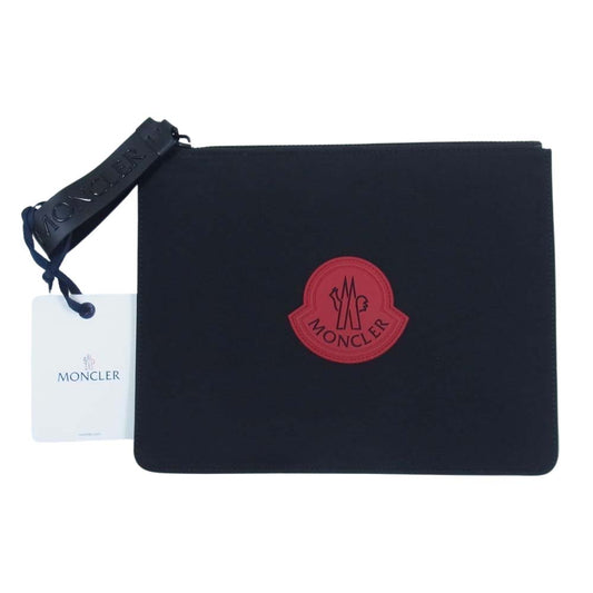 MONCLER モンクレール POUCH GM ラバーロゴ ワッペン付き レザー クラッチ セカンド バッグ ブラック系【中古】