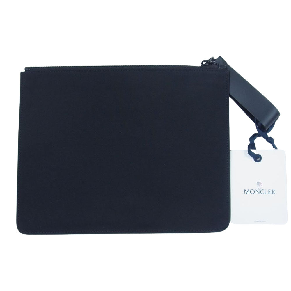 MONCLER モンクレール POUCH GM ラバーロゴ ワッペン付き レザー クラッチ セカンド バッグ ブラック系【中古】