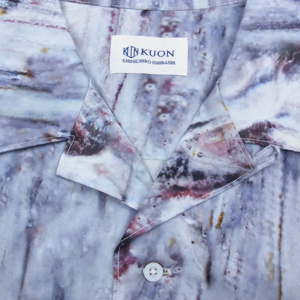 クオン 113SH021000 Camp Collar Cotton Shirt キャンプカラー コットン 半袖 シャツ ブルー系 パープル系 L【新古品】【未使用】【中古】