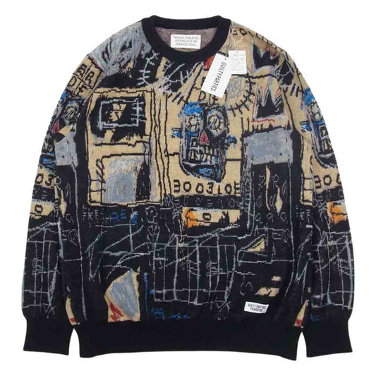 WACKO MARIA ワコマリア 22AW BASQUIAT-WM-KN01 × JEAN-MICHEL BASQUIAT CREW NECK SWEATER TYPE-1 バスキア 総柄 クルーネック セーター ニット ブラック系 L【新古品】【未使用】【中古】