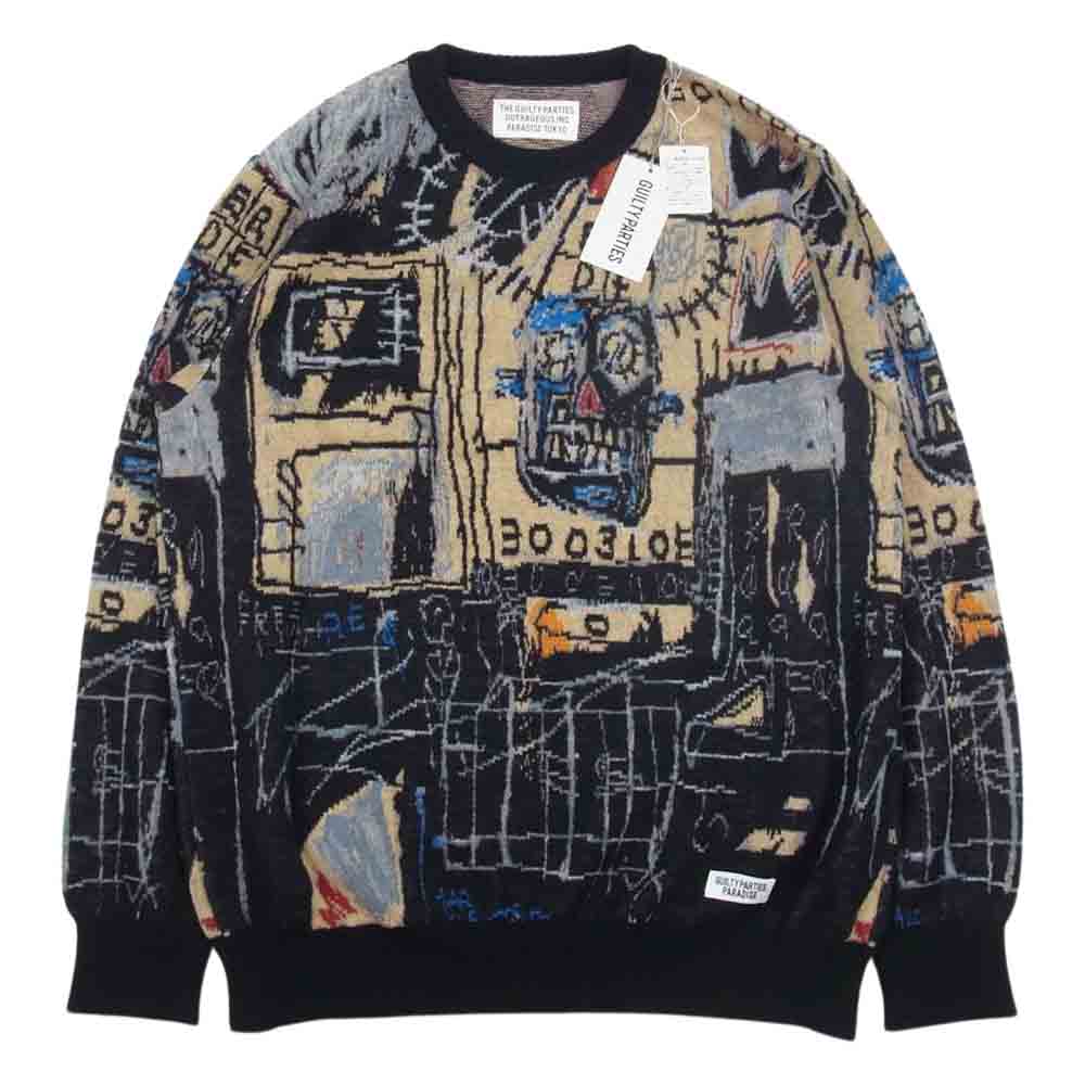 WACKO MARIA ワコマリア 22AW BASQUIAT-WM-KN01 × JEAN-MICHEL BASQUIAT CREW NECK  SWEATER TYPE-1 バスキア 総柄 クルーネック セーター ニット ブラック系 L【新古品】【未使用】【中古】