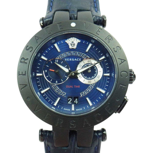 VERSACE ヴェルサーチ 	VEBV00419 V-RACEDUALTIME クロノグラフ 時計 ウオッチ サファイア ガラス クオーツ 防水性 3気圧 ブラック系【中古】
