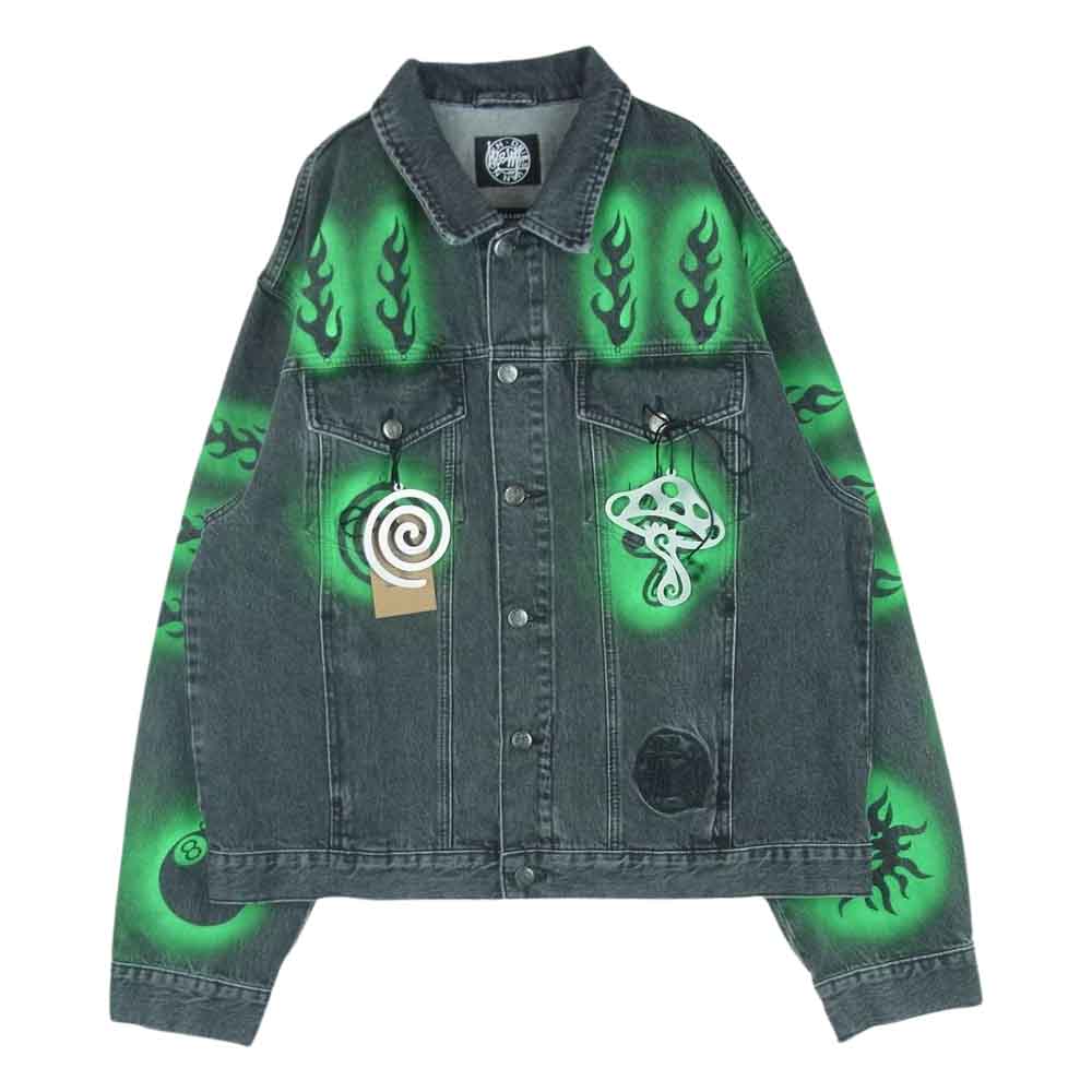 DRIES VAN NOTEN ドリスヴァンノッテン 22AW Stussy ステューシー DVN STECIL DENIM JACKET ステンシル デニム ジャケット トルコ製 グレー系 グリーン系 WASHED BLACK XL【中古】