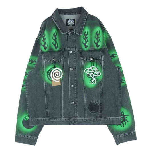 DRIES VAN NOTEN ドリスヴァンノッテン 22AW Stussy ステューシー DVN STECIL DENIM JACKET ステンシル デニム ジャケット トルコ製 グレー系 グリーン系 WASHED BLACK XL【中古】