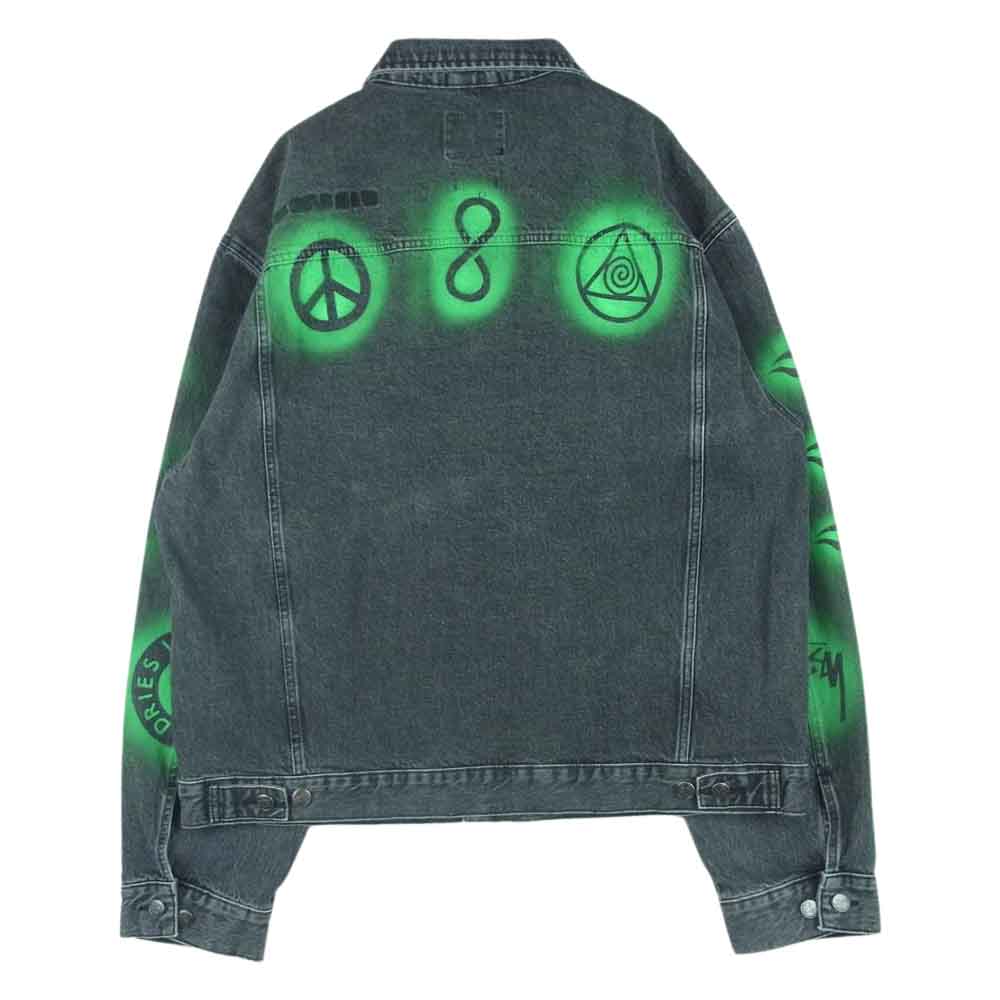 DRIES VAN NOTEN ドリスヴァンノッテン 22AW Stussy ステューシー DVN STECIL DENIM JACKET ステンシル デニム ジャケット トルコ製 グレー系 グリーン系 WASHED BLACK XL【中古】