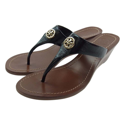 Tory Burch トリーバーチ 12148230 CAMERON ロゴプレート レザー ヒール サンダル ブラック系 ブラウン系 6.5【極上美品】【中古】