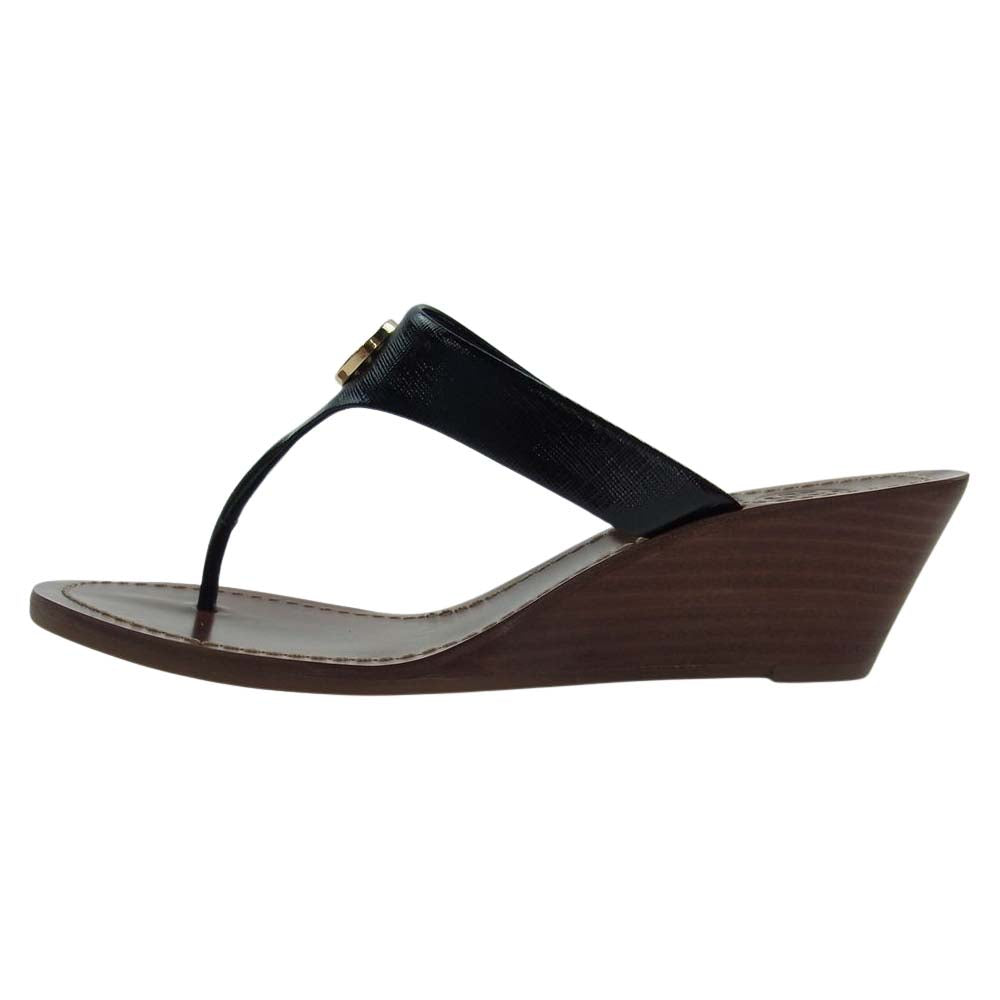 Tory Burch トリーバーチ 12148230 CAMERON ロゴプレート レザー ヒール サンダル ブラック系 ブラウン系 6.5【極上美品】【中古】