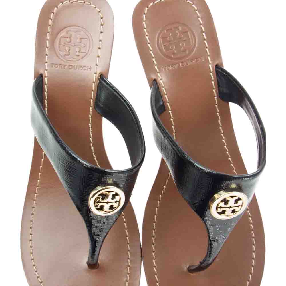 Tory Burch トリーバーチ 12148230 CAMERON ロゴプレート レザー ヒール サンダル ブラック系 ブラウン系 6.5【極上美品】【中古】