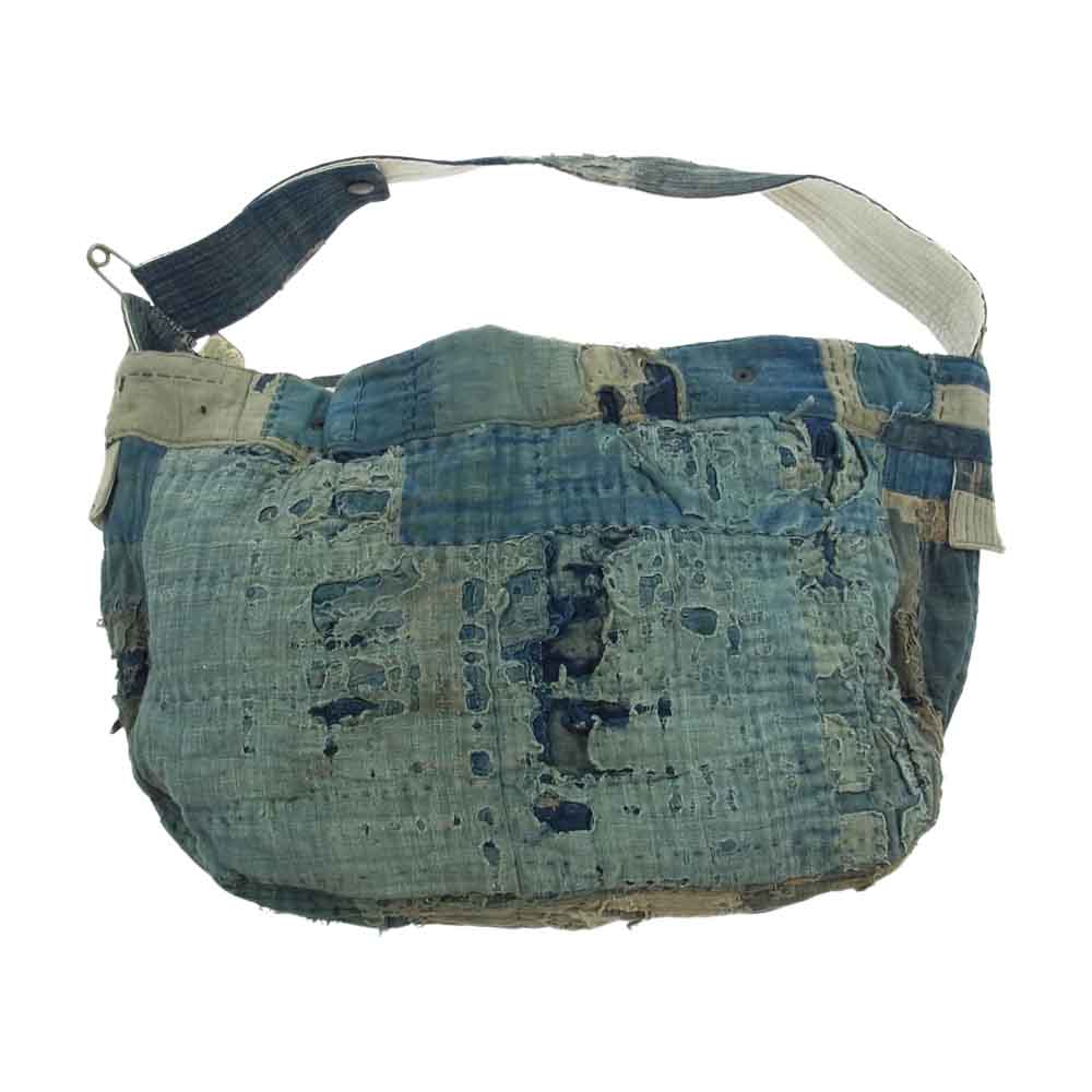 ノラ NEWSPAPER BAG japan old fabric 襤褸 ヴィンテージ 安全ピン ニュースペーパー パッチワーク ショルダーバッグ インディゴブルー系【中古】