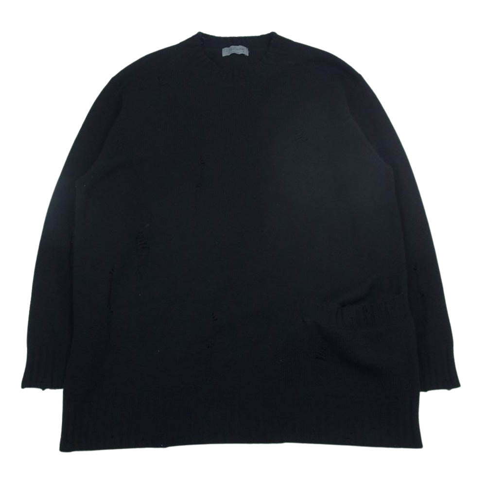 Yohji Yamamoto POUR HOMME ヨウジヤマモトプールオム 22AW HE-K20-988 落とし目丸 ダメージ加工 クルーネック ニット セーター ブラック系 3【中古】