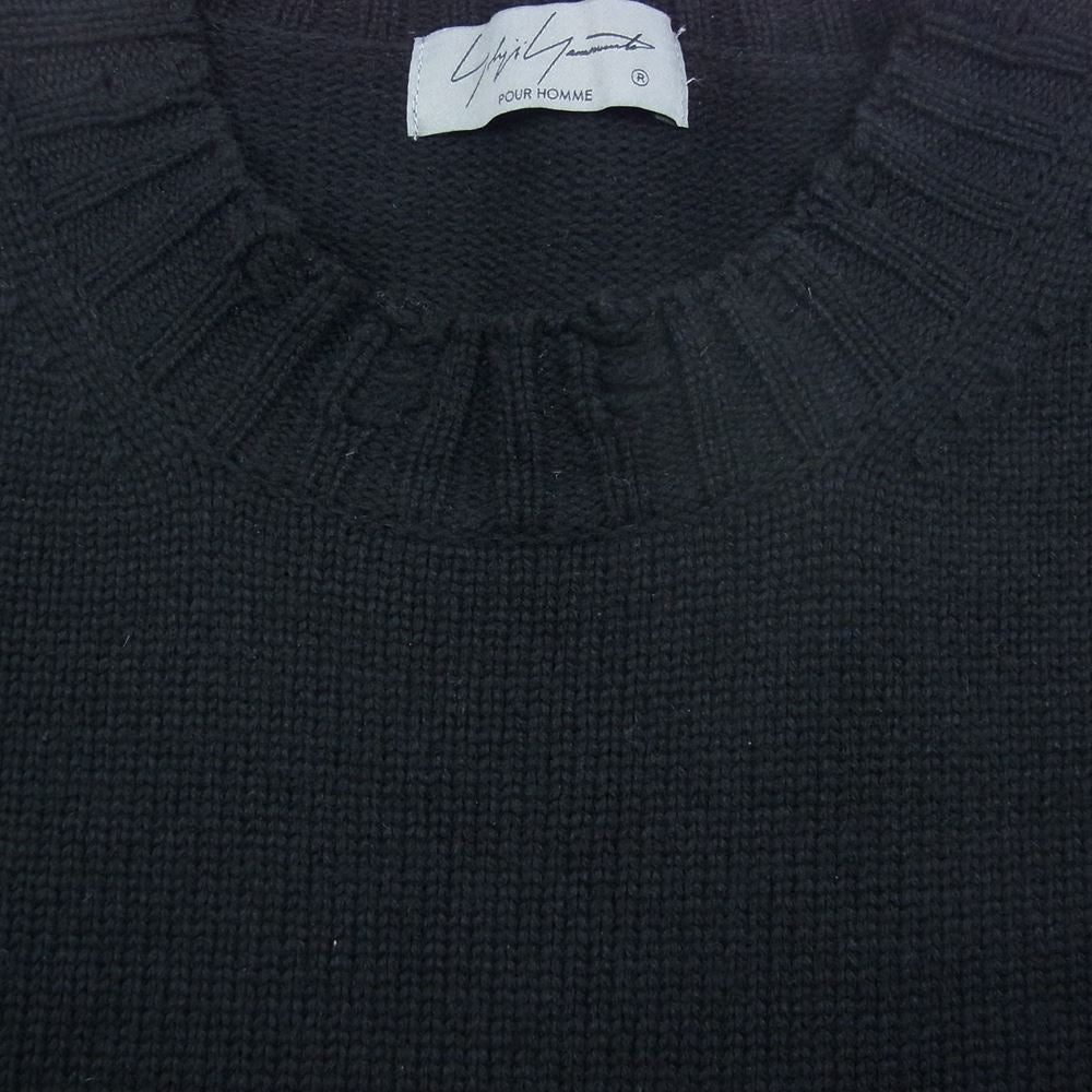 Yohji Yamamoto POUR HOMME ヨウジヤマモトプールオム 22AW HE-K20-988 落とし目丸 ダメージ加工 クルーネック ニット セーター ブラック系 3【中古】