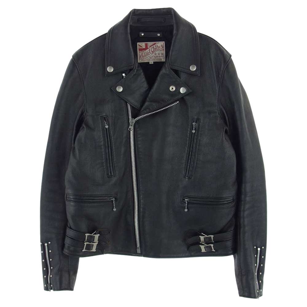 マインデニム × ADDICT CLOTHES アディクト クローズ Sheepskin Double Riders JKT シープスキン ライダース ジャケット ブラック系 38【中古】