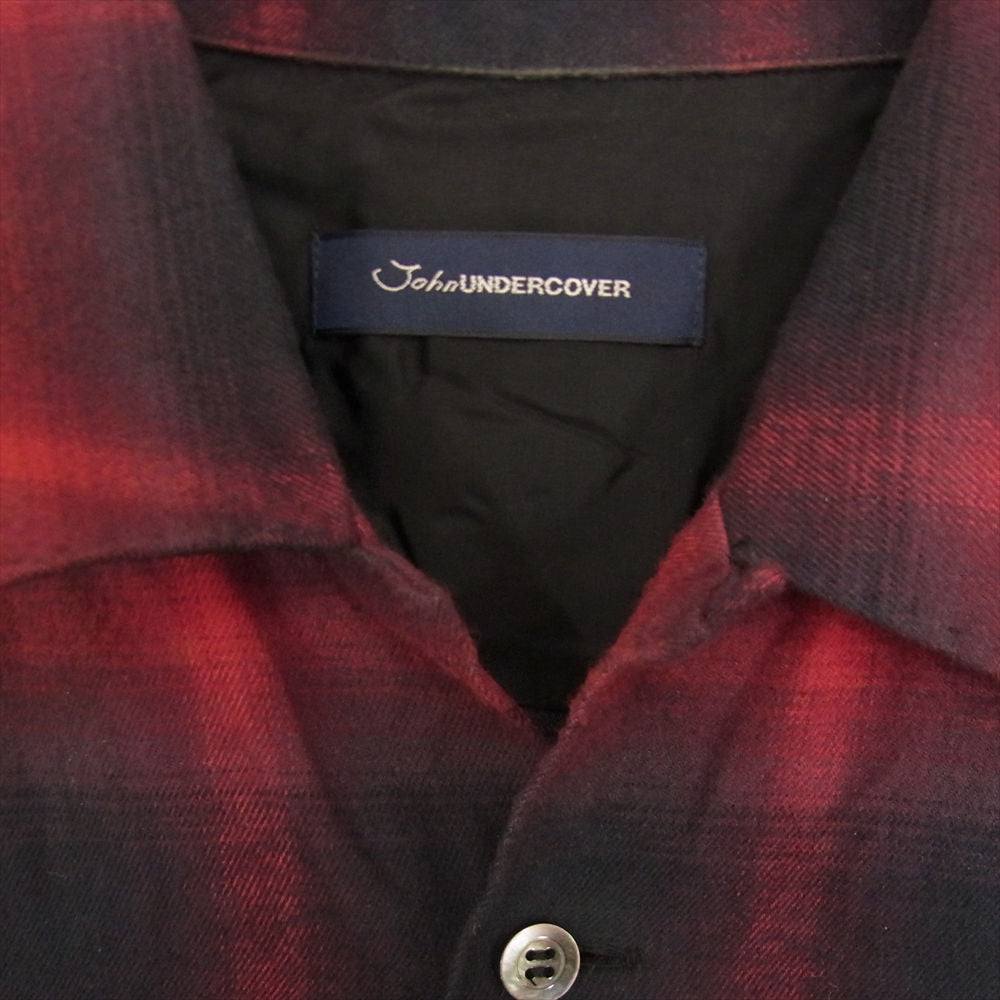 UNDERCOVER アンダーカバー JUX4402 John UNDERCOVER ジョンアンダーカバー サテン切替 オンブレチェック オープンカラー 長袖シャツ ブラック系 レッド系 2【中古】