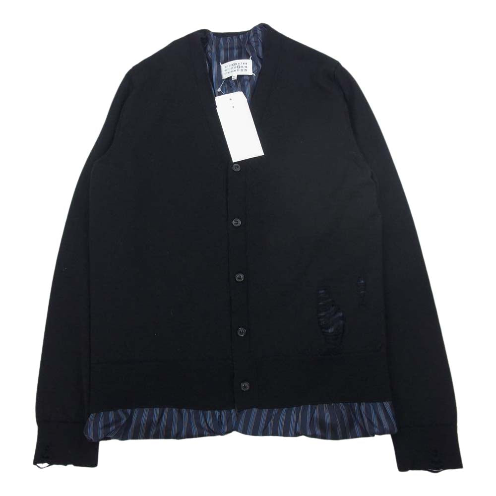 MAISON MARGIELA メゾンマルジェラ 22AW SI1HA0006 S17797 ウール Vネック 長袖 ニット レイヤード ストライプ ダメージ加工 カーディガン ブラック系 L【中古】