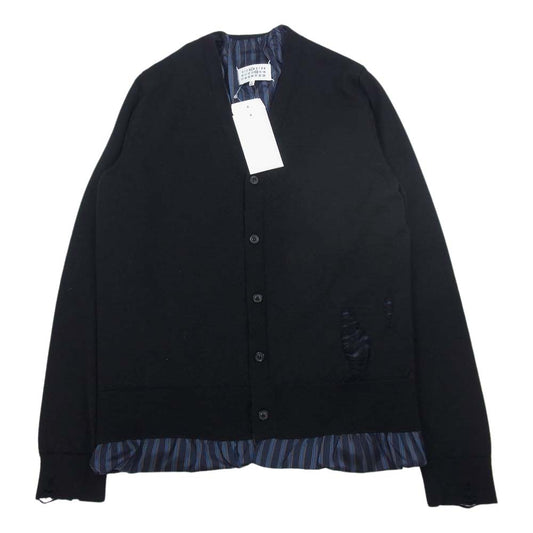 MAISON MARGIELA メゾンマルジェラ 22AW SI1HA0006 S17797 ウール Vネック 長袖 ニット レイヤード ストライプ ダメージ加工 カーディガン ブラック系 L【中古】