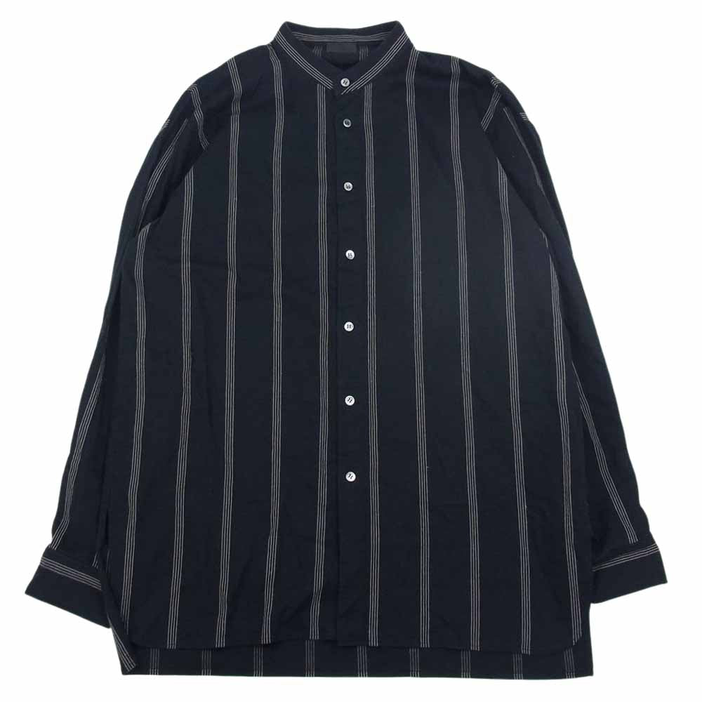 山内 ヤマウチ 21SS 塩縮加工 コットン キュプラ リネン ストライプ ノーカラー 長袖 シャツ ブラック系 5【中古】