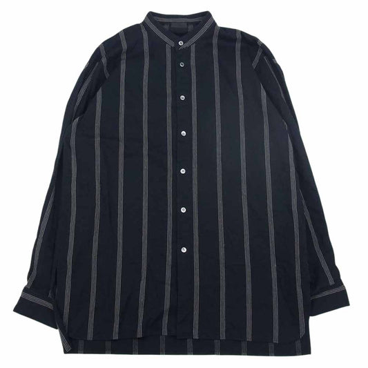 山内 ヤマウチ 21SS 塩縮加工 コットン キュプラ リネン ストライプ ノーカラー 長袖 シャツ ブラック系 5【中古】