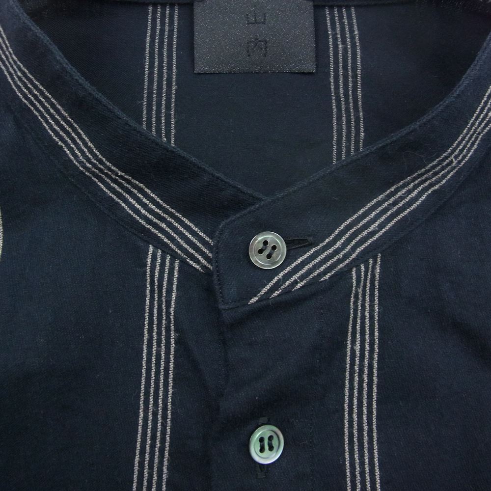 山内 ヤマウチ 21SS 塩縮加工 コットン キュプラ リネン ストライプ ノーカラー 長袖 シャツ ブラック系 5【中古】