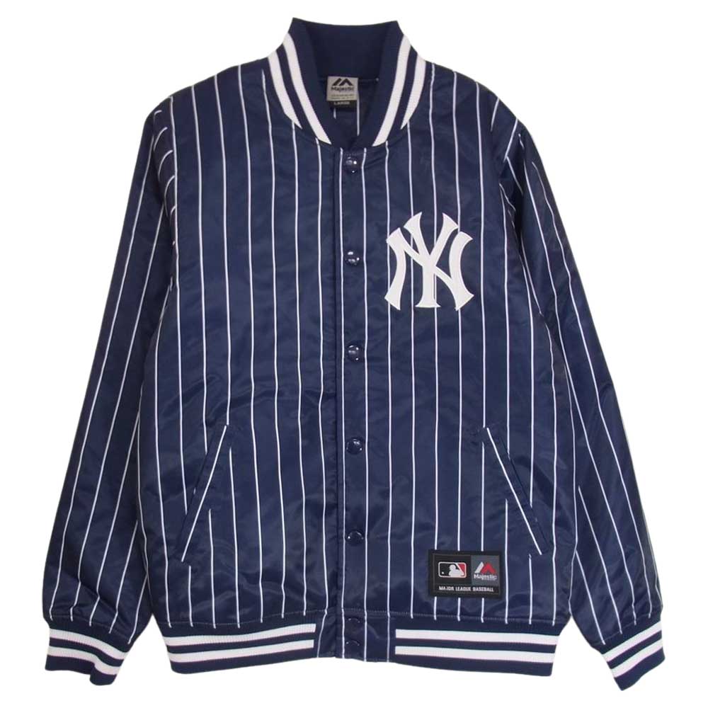 マジェスティック NEWYORK YANKEES ニューヨーク ヤンキース ストライプ ナイロン スタジャン ジャケット ブルゾン ネイビー系 L【中古】